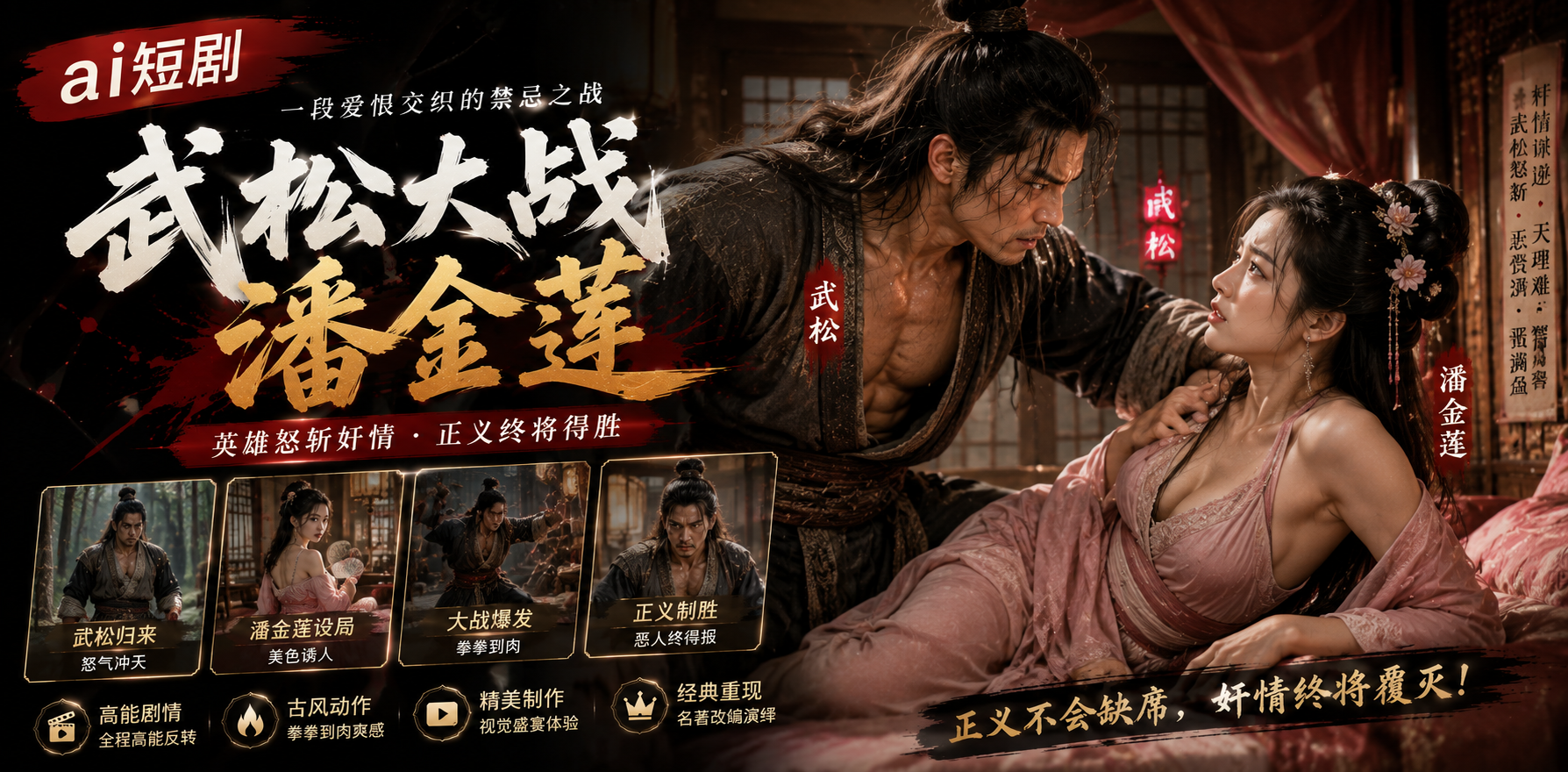 武松大战潘金莲 武松潘金莲亲密 ai短剧 水浒情欲故事 潘金莲缠绵
