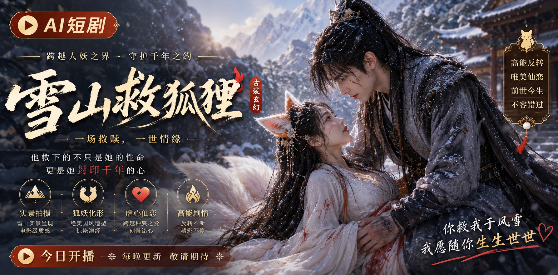 雪山救狐狸 狐女报恩亲密 ai短剧 雪山情欲故事 狐女缠绵