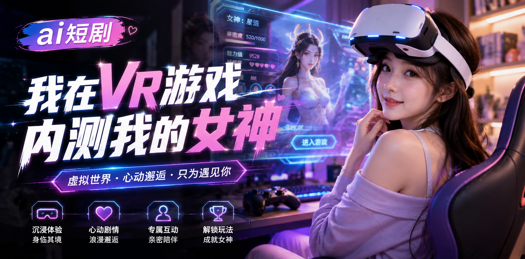 我在VR游戏内测我的女神 VR女神亲密 ai短剧 VR情欲故事 女神缠绵