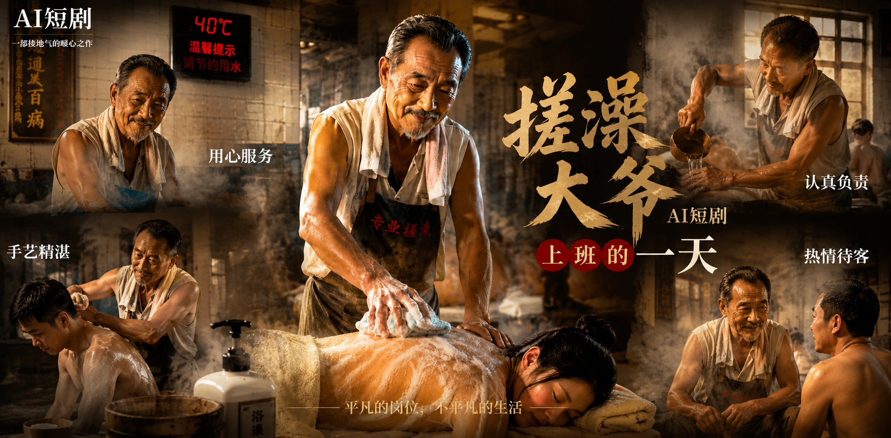 搓澡大爷上班的一天 浴室服务 亲密接触展开 故事发展好特别啊 ai短剧